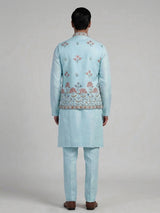 Mint blue cotton linen embroidered festive waistcoat set