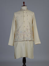 Cream cotton linen embroidered festive waistcoat set for men