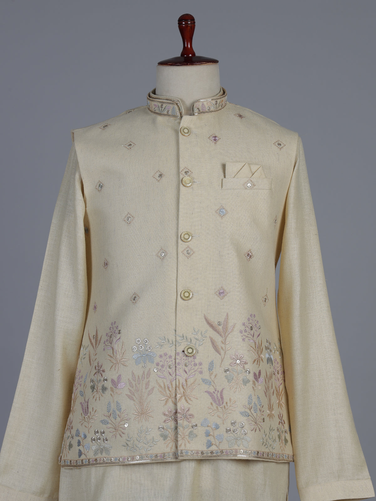 Cream cotton linen embroidered festive waistcoat set for men