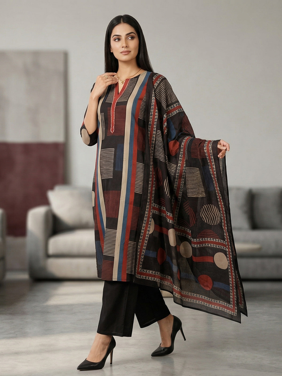 Black cotton silk printed festive kurti set with dupatta