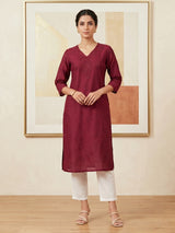 Maroon casual embroidered cotton silk kurti