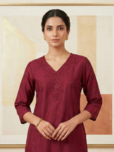 Maroon casual embroidered cotton silk kurti