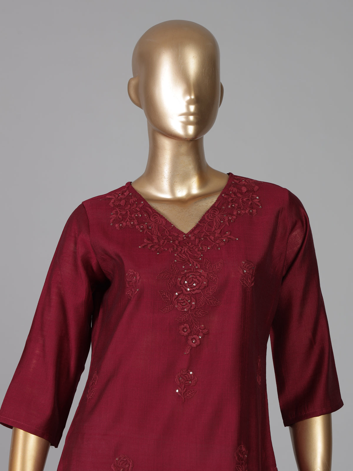 Maroon casual embroidered cotton silk kurti