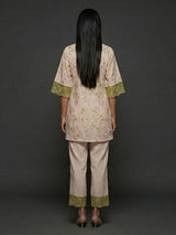 Beige cotton floral printed casual co ord pant set