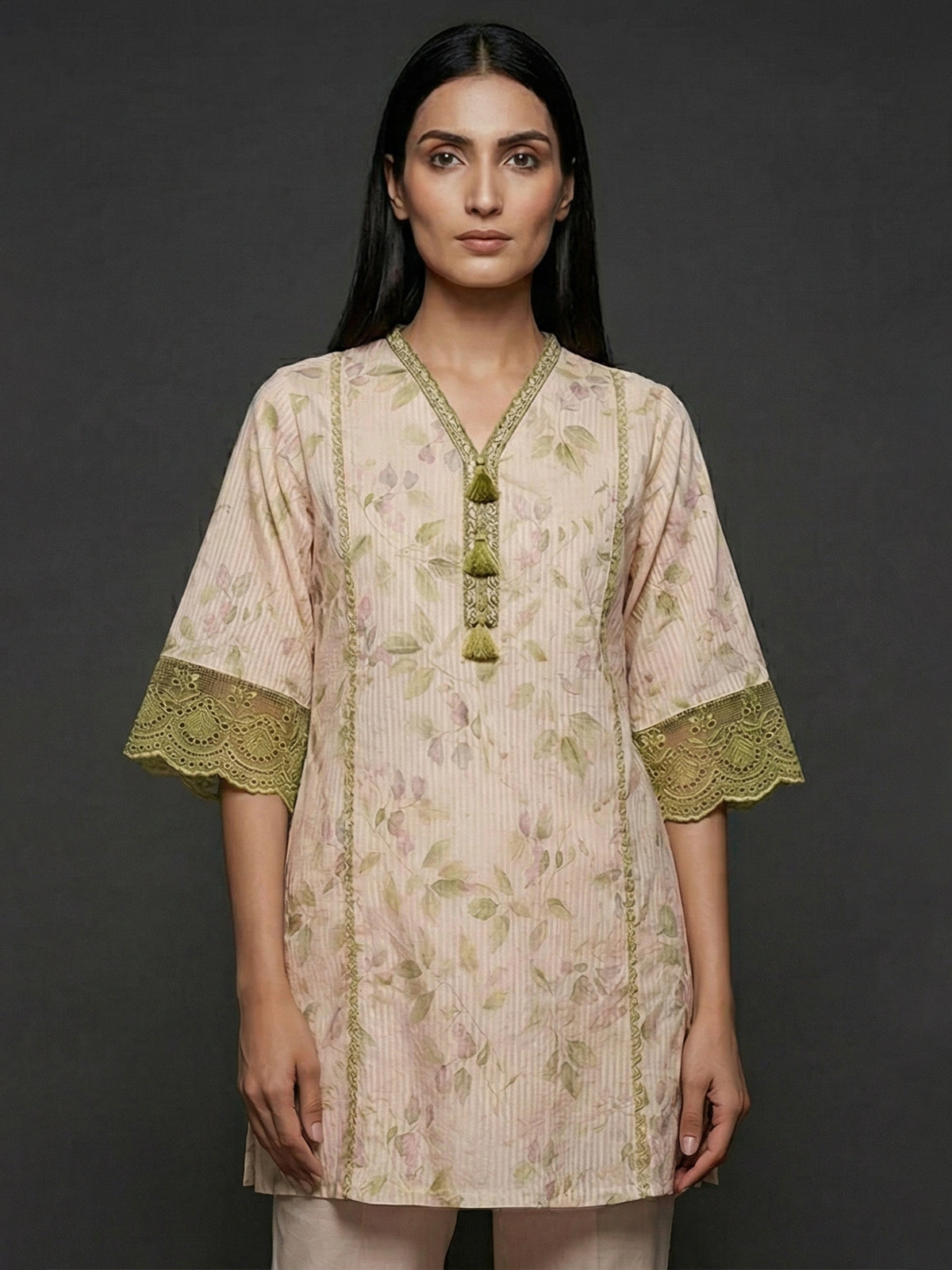 Beige cotton floral printed casual co ord pant set