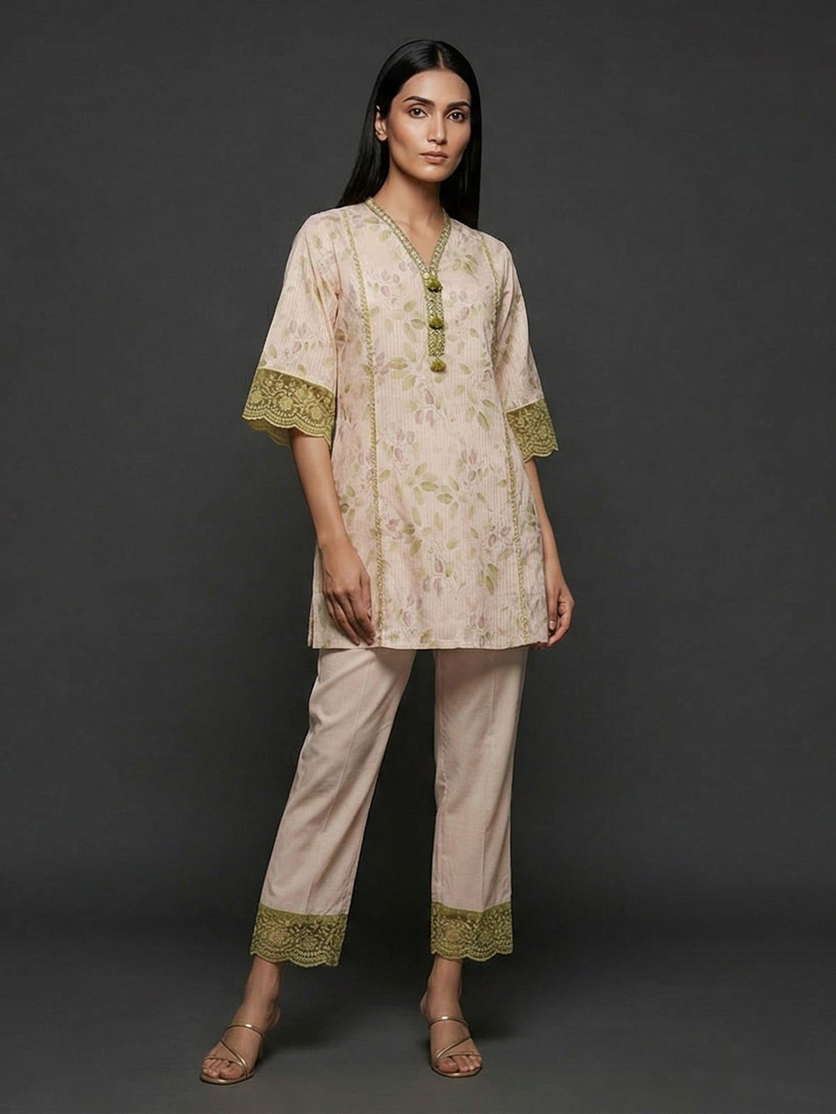 Beige cotton floral printed casual co ord pant set