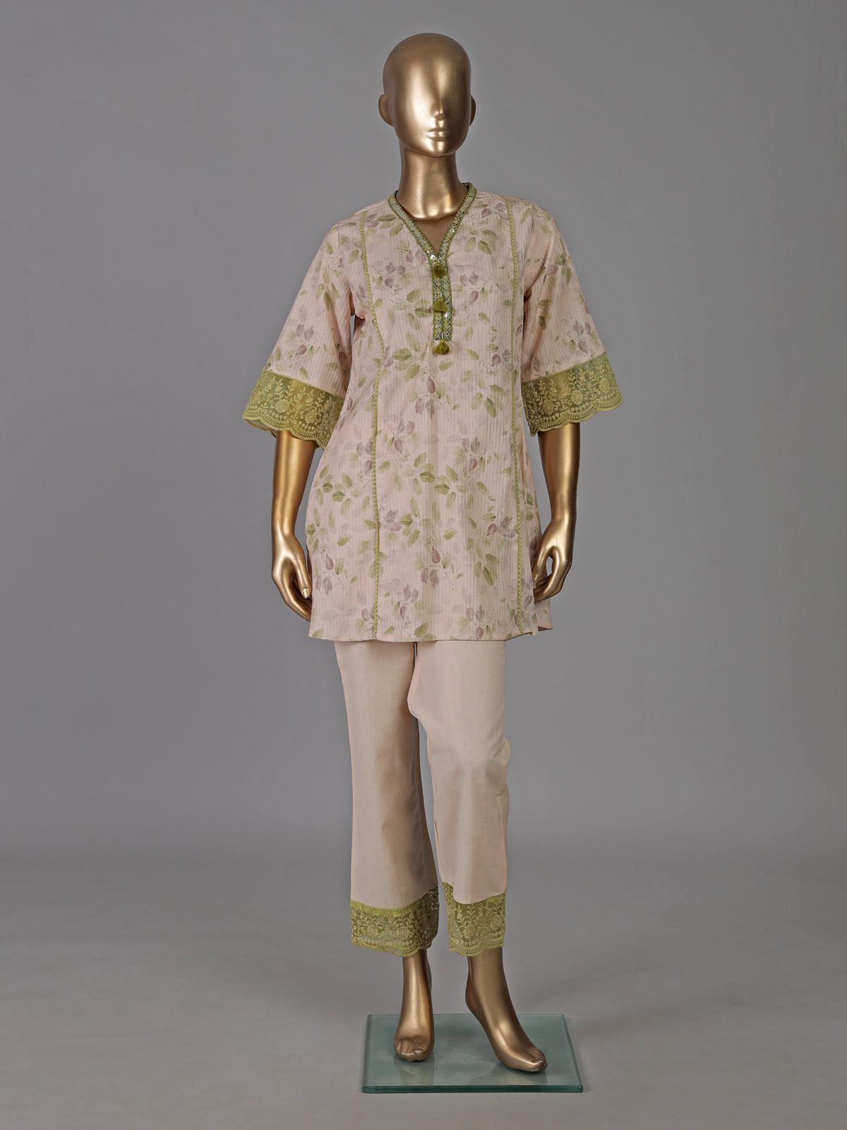 Beige cotton floral printed casual co ord pant set