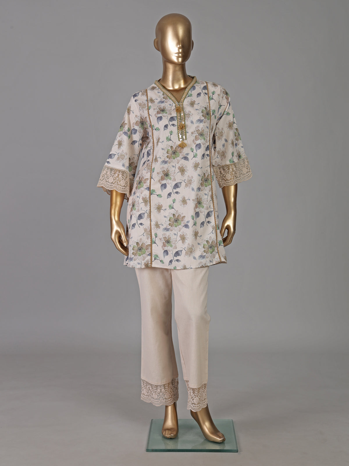 Off white cotton linen floral printed lace co ord set