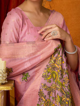 Pink cotton linen saree with zari border elegance