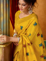 Mustard yellow cotton linen saree with floral zari border