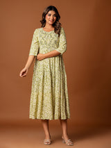 Mehendi green cotton silk yoke kurti with aabla and embroidery