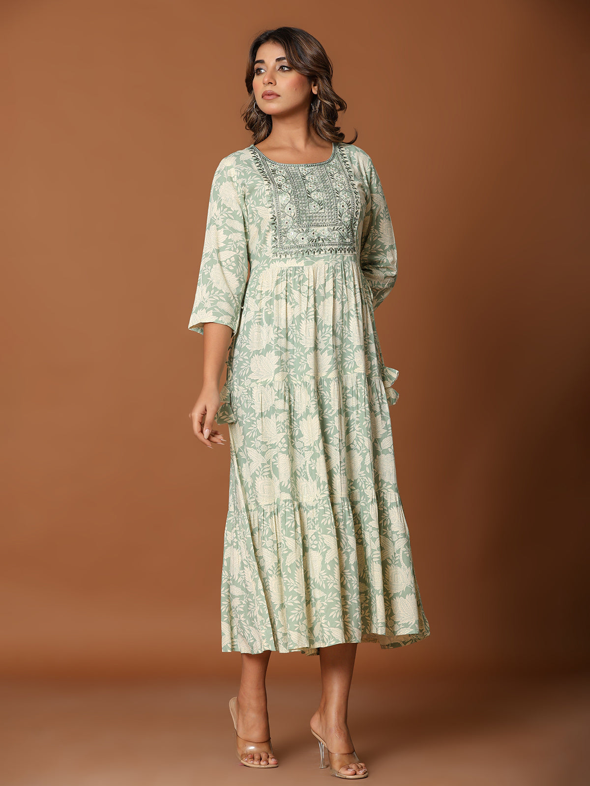 Pista green cotton silk yoke kurti with aabla work