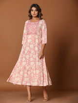 Pink cotton silk yoke kurti with floral aabla and embroidery