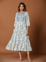 Stone blue cotton silk yoke kurti with aabla and embroidery