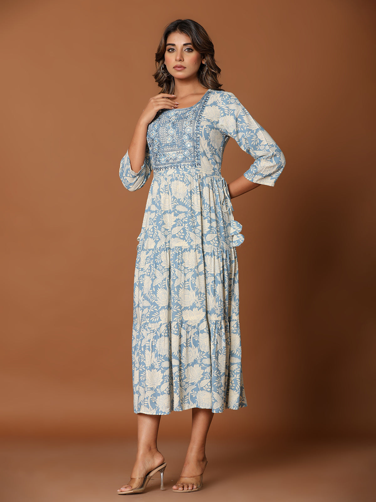 Stone blue cotton silk yoke kurti with aabla and embroidery