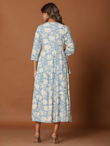 Stone blue cotton silk yoke kurti with aabla and embroidery