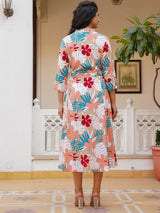 Beige silk floral printed kurti with elegant belt design