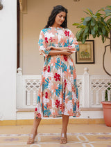 Beige silk floral printed kurti with elegant belt design