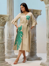 Beige cotton linen printed kurti with belt styling