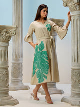 Beige cotton linen printed kurti with belt styling
