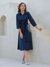 Navy cotton silk kurti with white thread belt accent