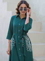 Green cotton silk kurti with white thread belt detailing