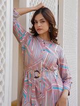 Onion pink cotton silk printed kurti with stylish belt