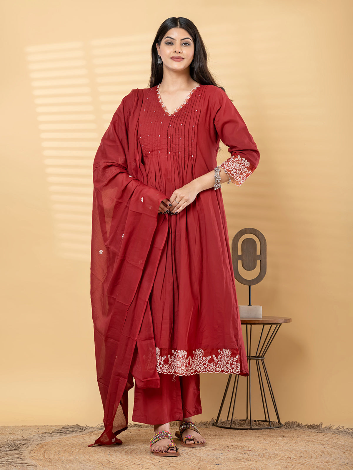 Maroon cotton embroidered kurti set with cutdana detailing
