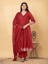 Maroon cotton embroidered kurti set with cutdana detailing