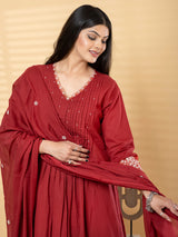 Maroon cotton embroidered kurti set with cutdana detailing