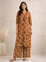 Rust orange silk printed kurti palazzo set festive wear