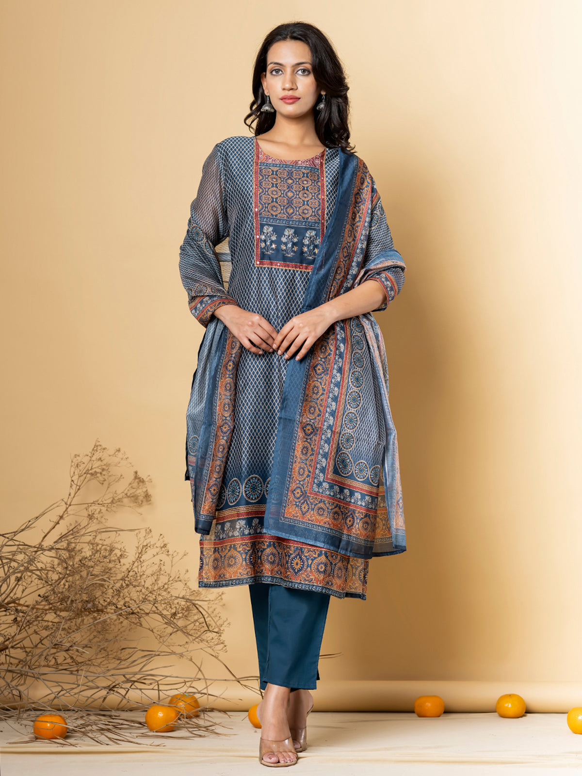 Blue silk straight kurti set with sequins and cutdana work