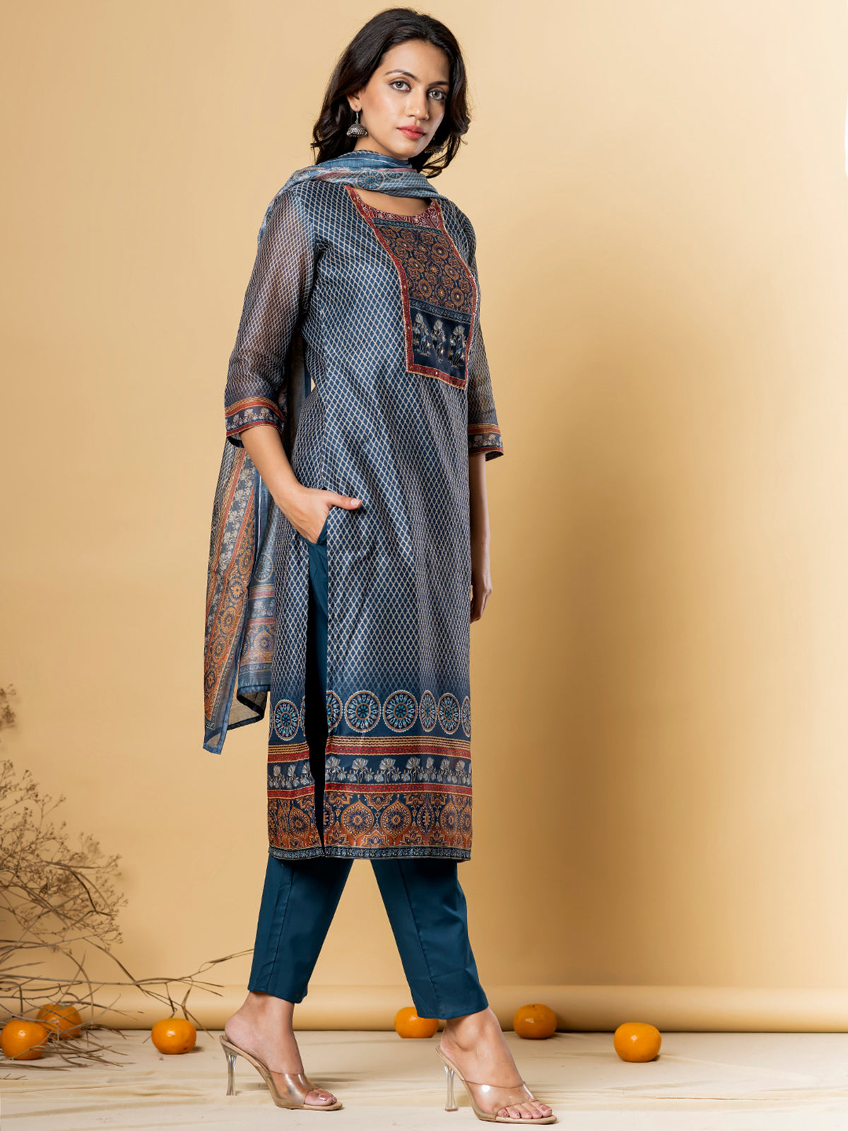 Blue silk straight kurti set with sequins and cutdana work