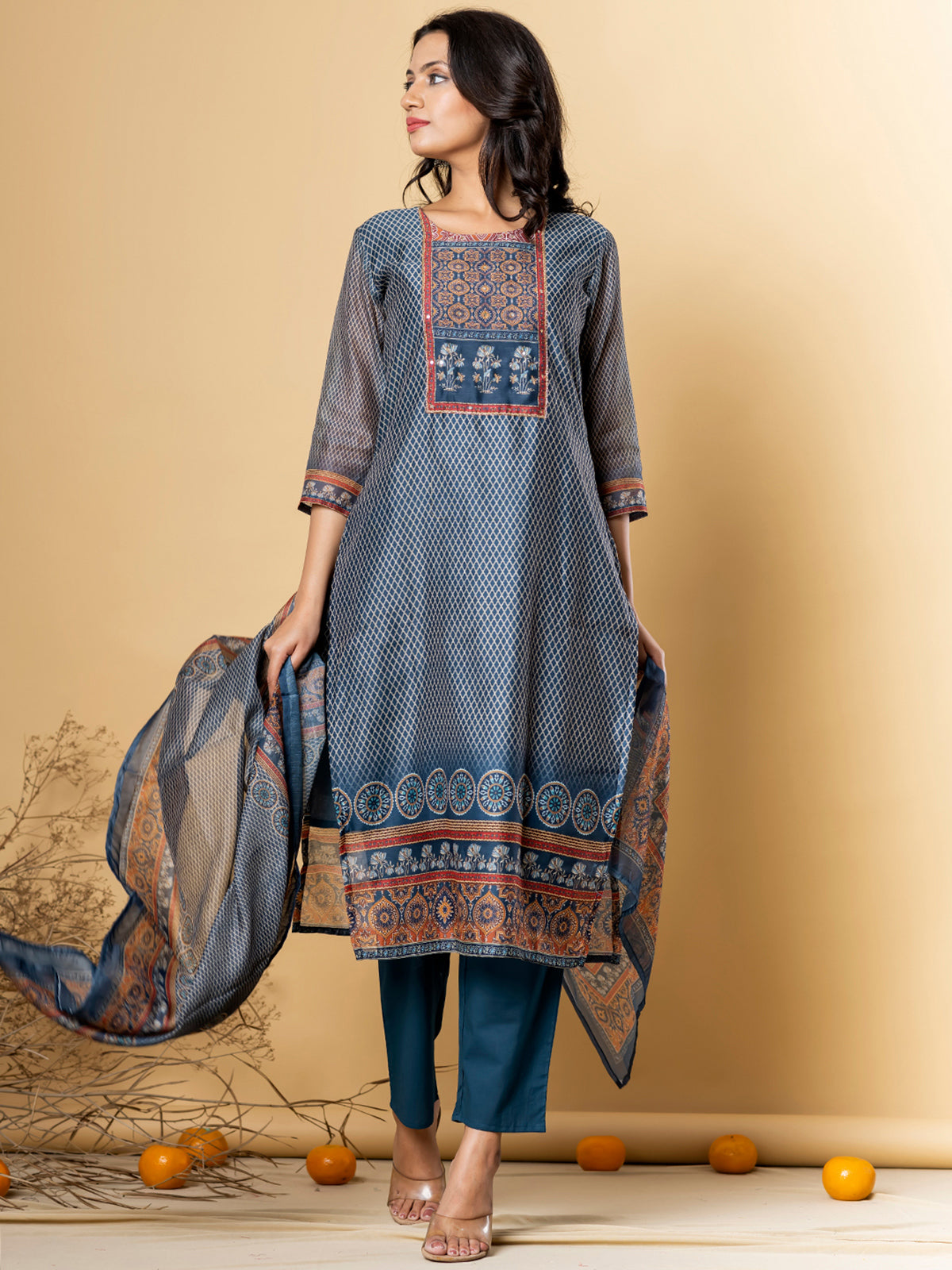 Blue silk straight kurti set with sequins and cutdana work