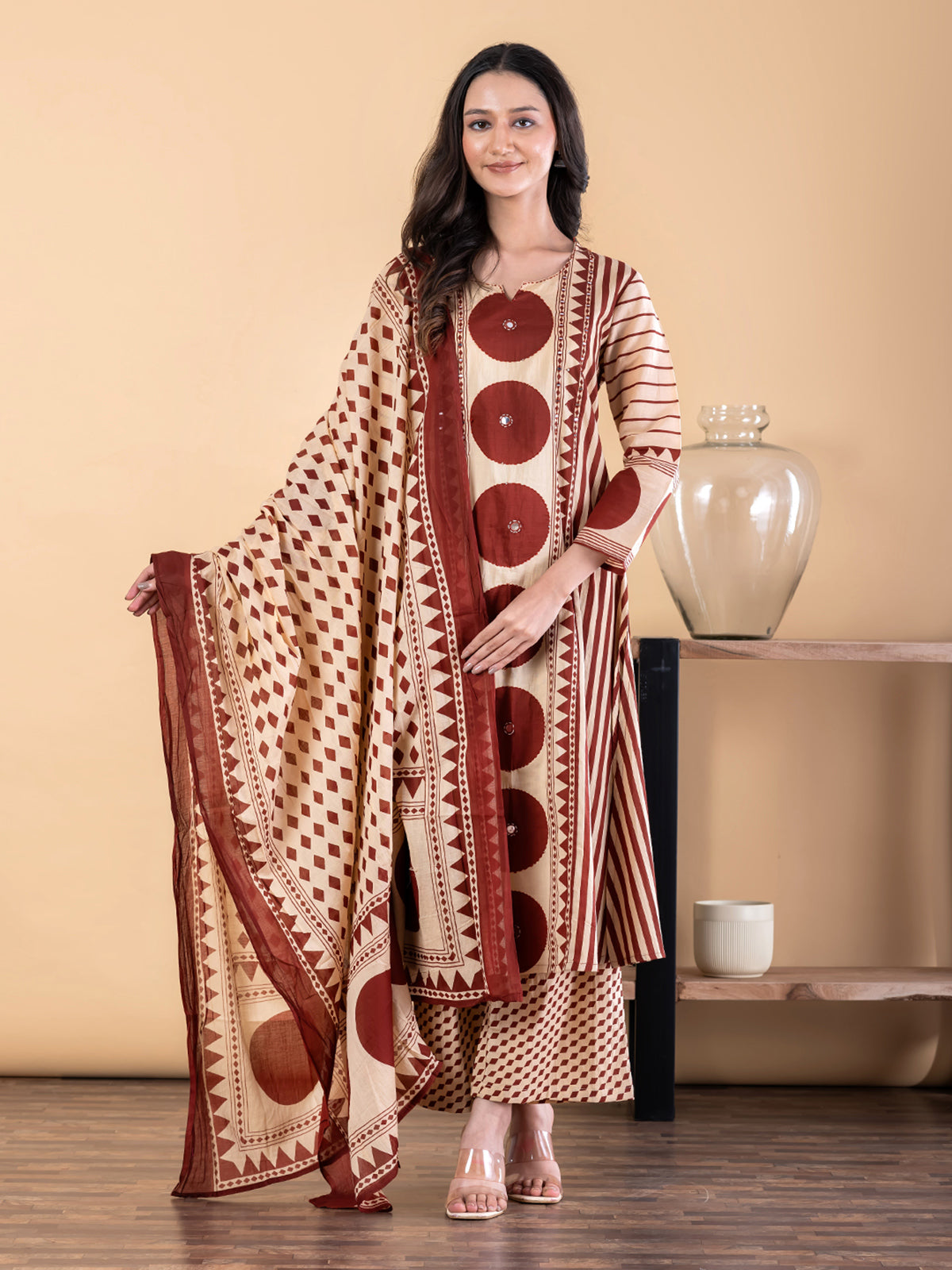 Cream maroon cotton silk kurti palazzo set with mirror work