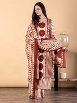 Cream maroon cotton silk kurti palazzo set with mirror work