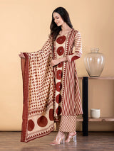 Cream maroon cotton silk kurti palazzo set with mirror work