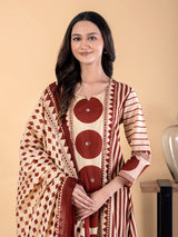 Cream maroon cotton silk kurti palazzo set with mirror work