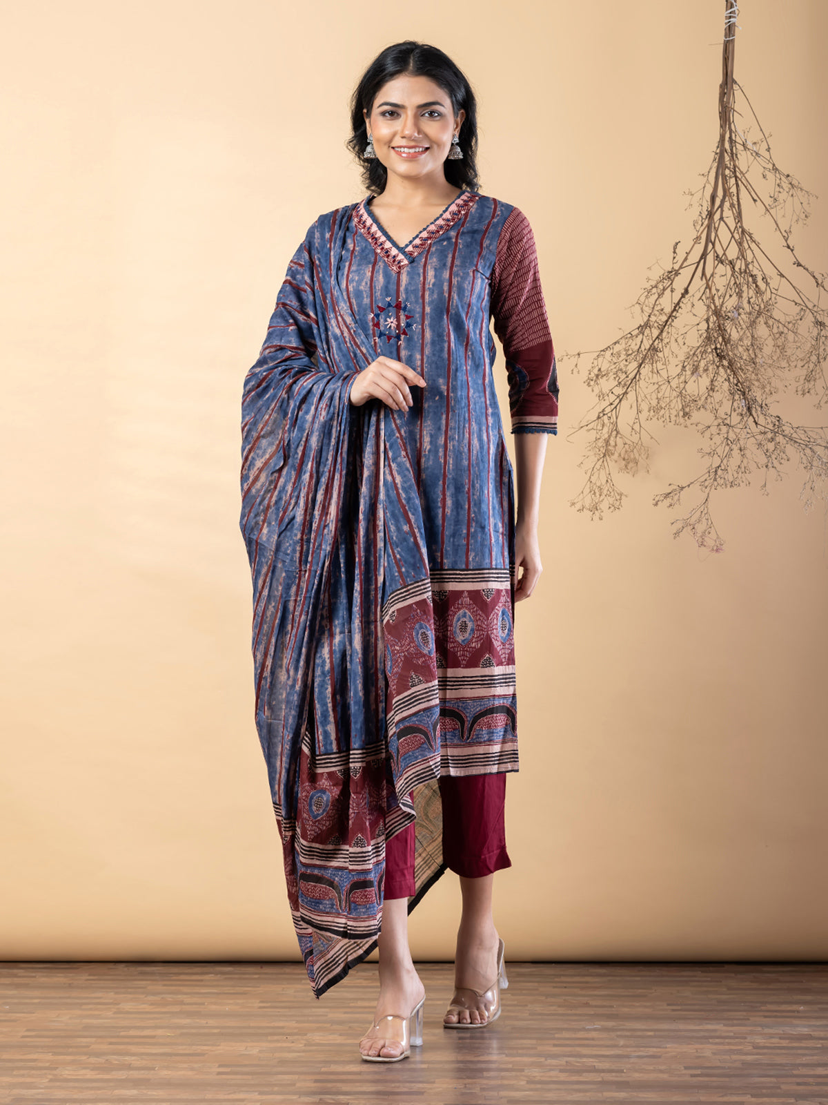 Blue maroon silk printed kurti set with festive pant