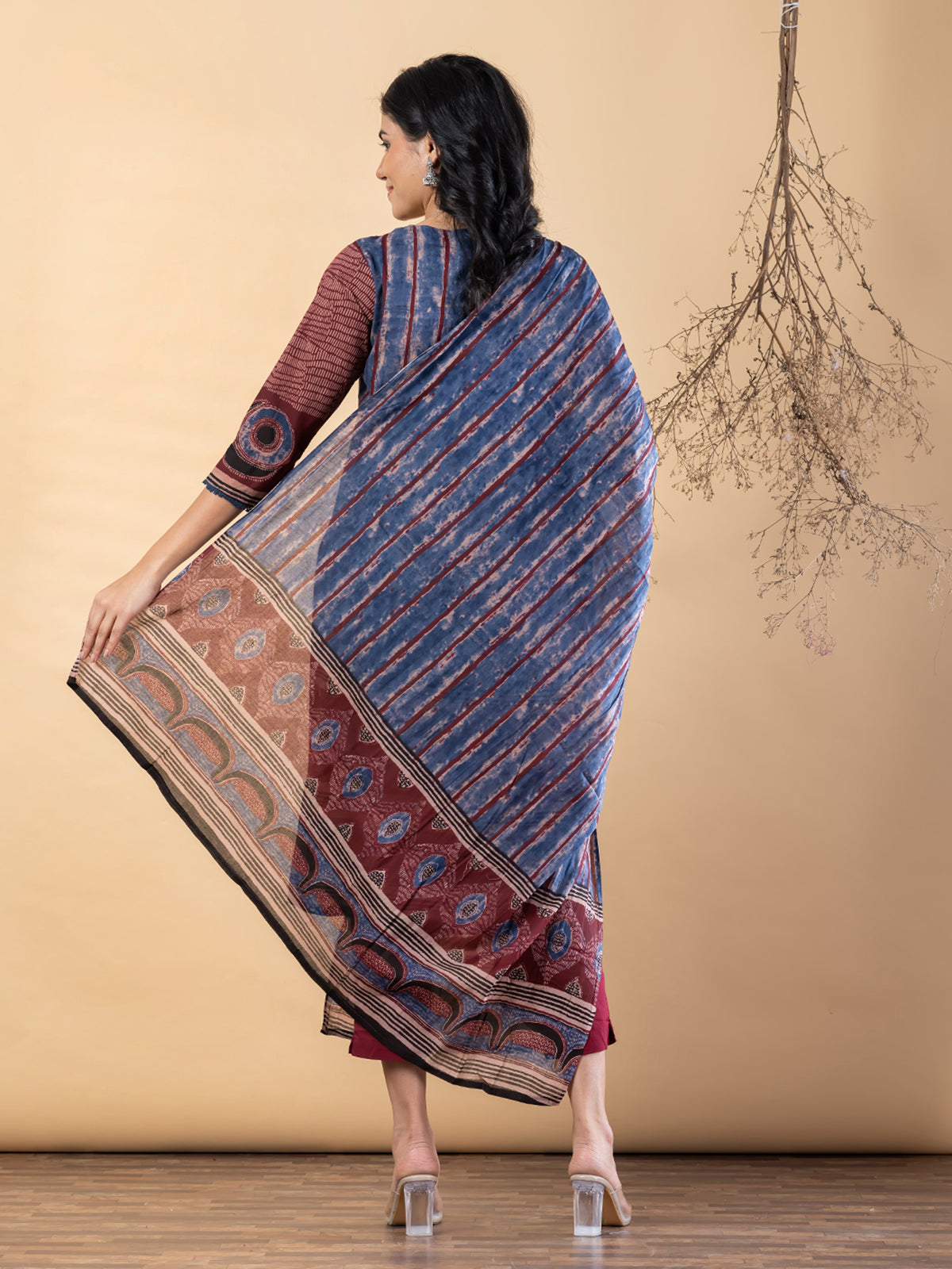 Blue maroon silk printed kurti set with festive pant