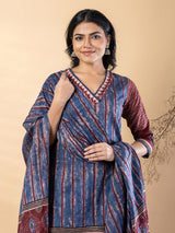 Blue maroon silk printed kurti set with festive pant