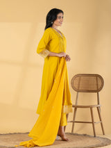 Yellow cotton silk yoke kurti set with beadwork detailing