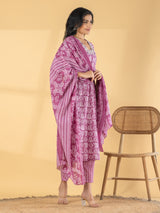 Purple silk straight cut printed kurti set with dupatta