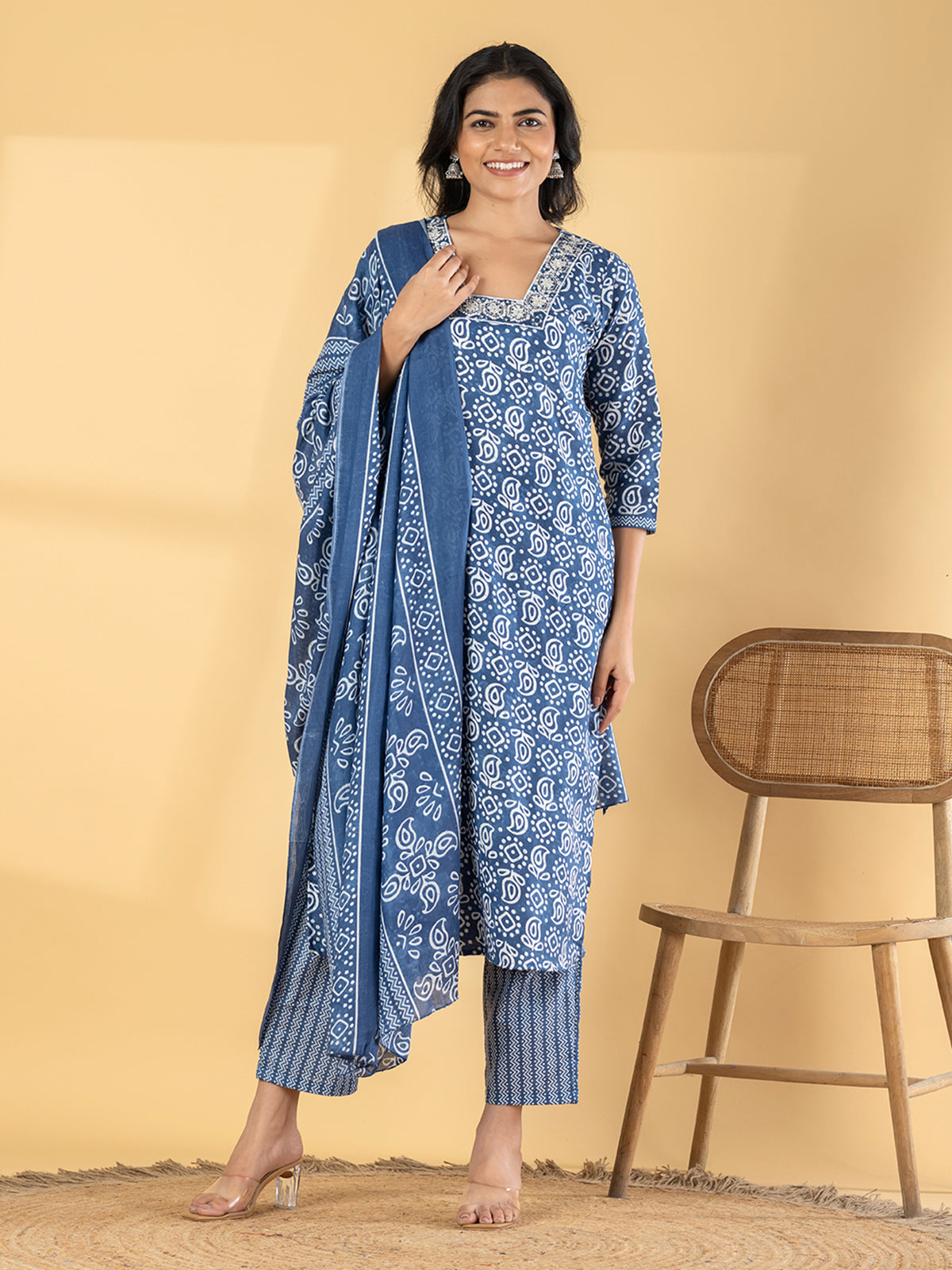 Blue silk straight cut printed kurti set with dupatta