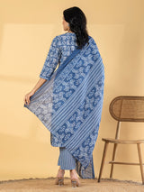 Blue silk straight cut printed kurti set with dupatta