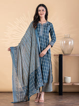 Blue silk kurti palazzo set with aabla work