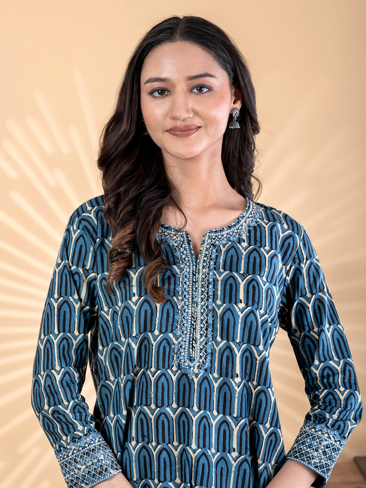 Blue silk kurti palazzo set with aabla work