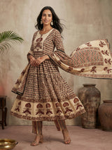 Beige maroon cotton silk yoke kurti set with thread work