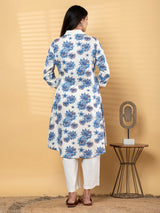White cotton linen floral kurti palazzo set with aabla work