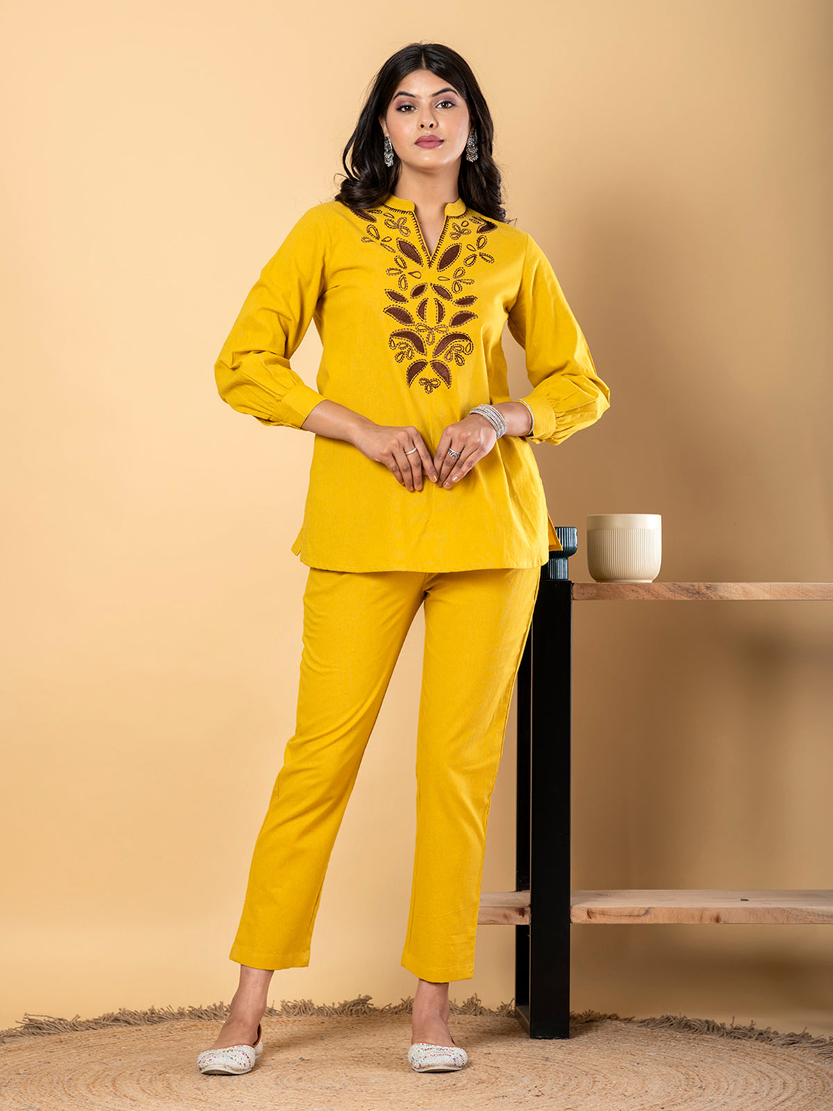 Mustard yellow cotton thread work casual co ord set